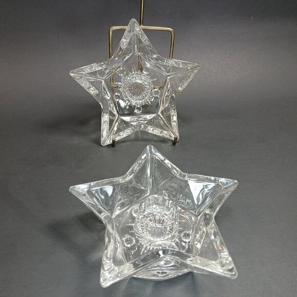 2 Star Shaped Candle Stick Holders Vintage Clear Cut Glass 5 Point Star MCM Set - Picture 5 of 7